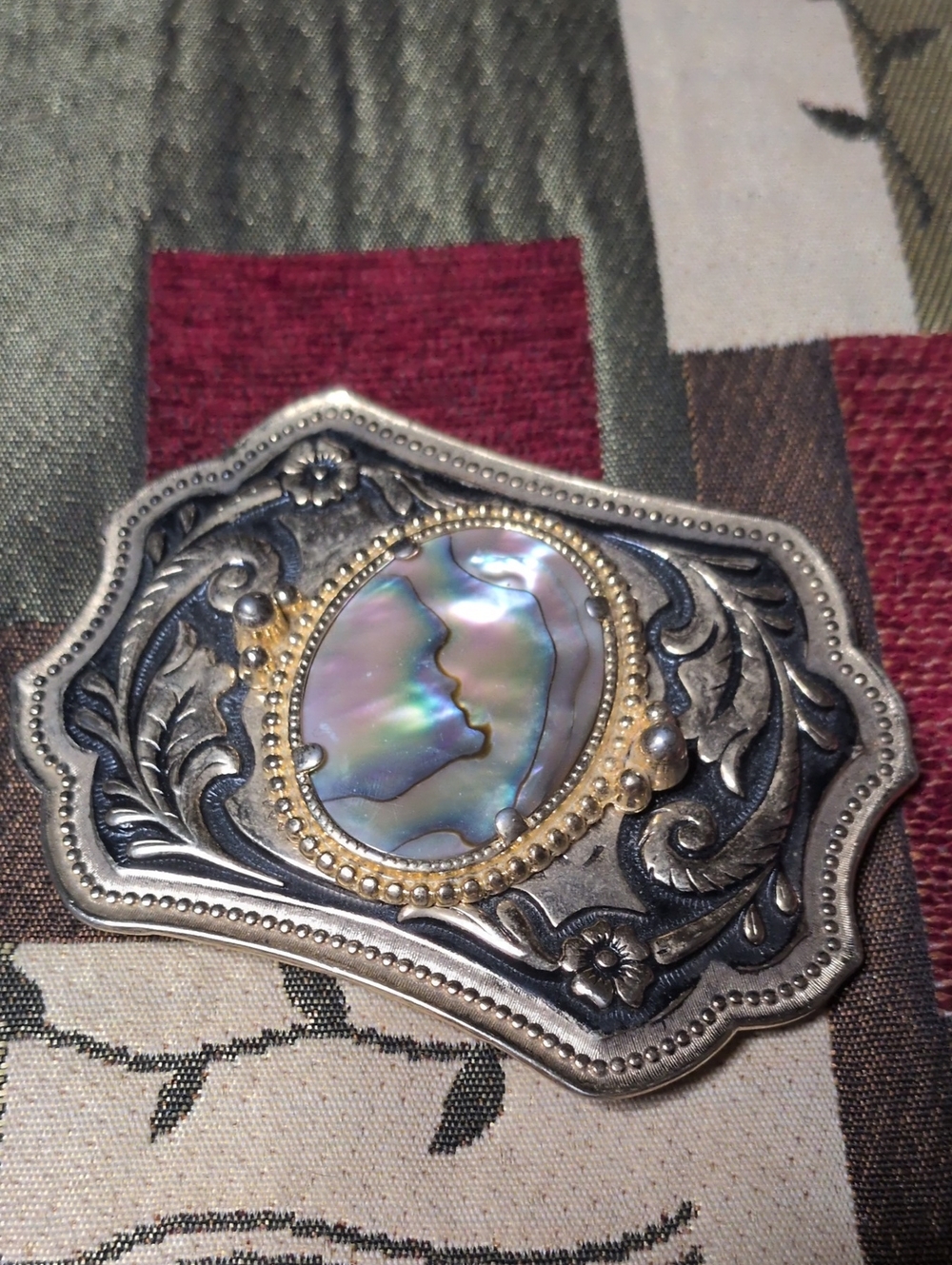 Ornate Abalone Shell Buckle in Silver Tone